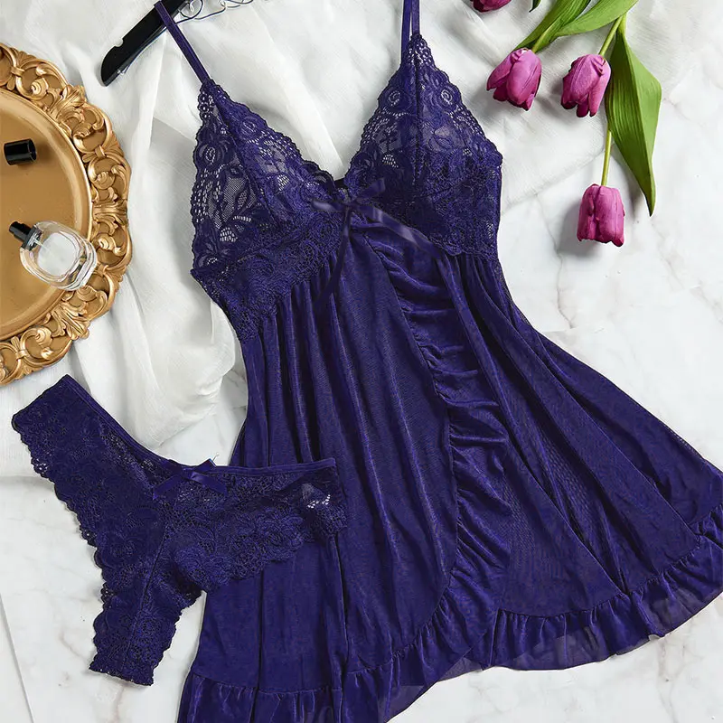 Women's Plus Size Bra Thong Nightgown Set Tulle Sexy Lingerie Exquisite Woman Lencerias Hot Underwear Pajamas G-string Suits