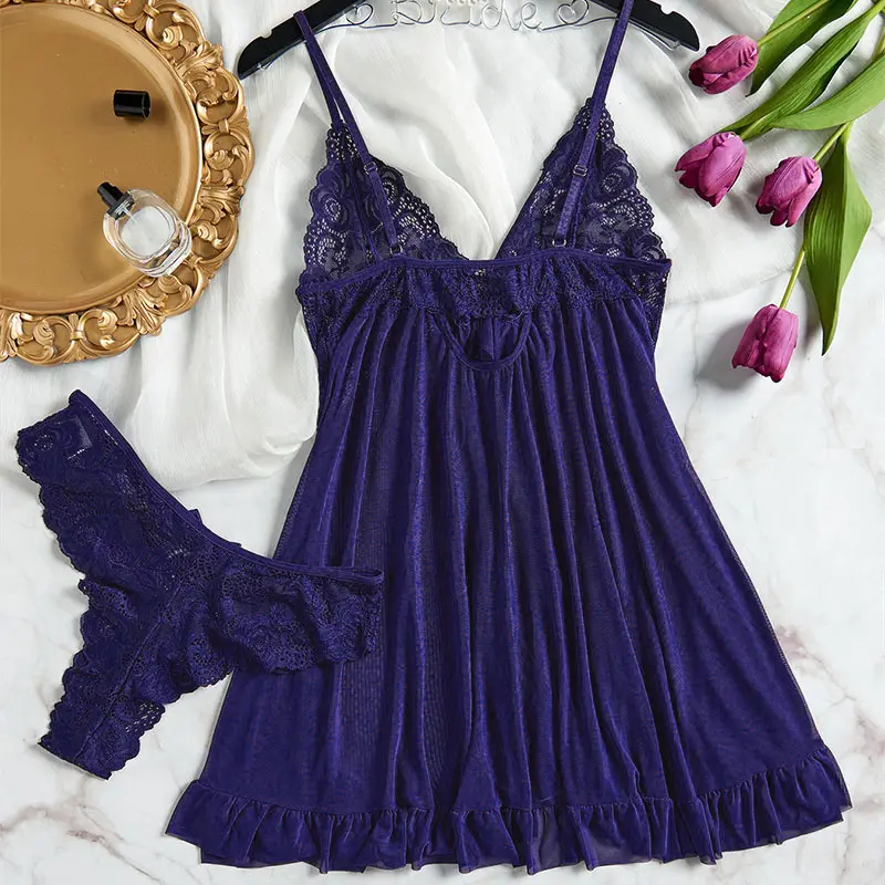 Women's Plus Size Bra Thong Nightgown Set Tulle Sexy Lingerie Exquisite Woman Lencerias Hot Underwear Pajamas G-string Suits