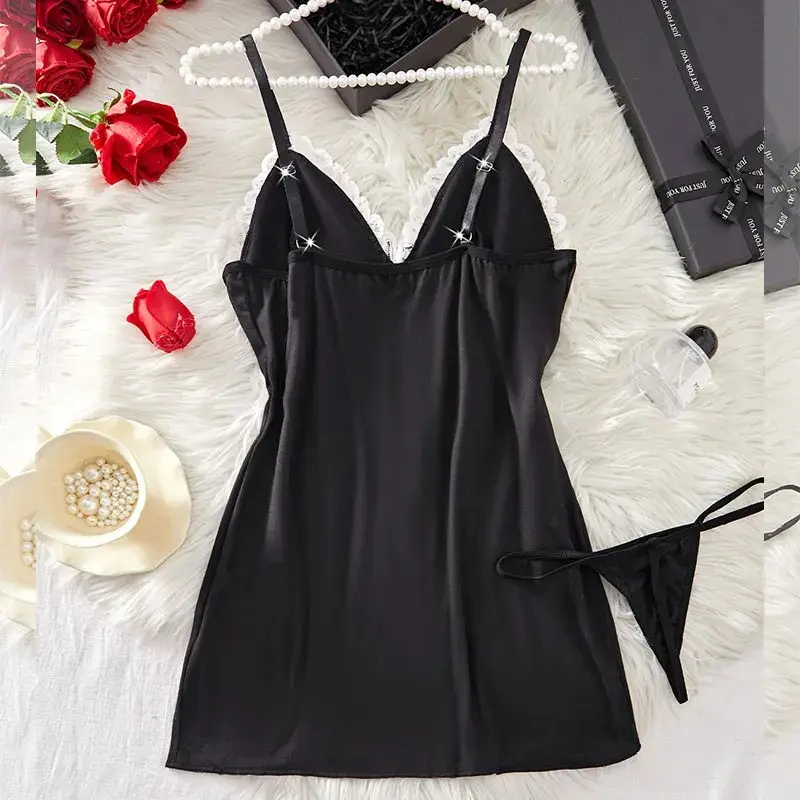 Night Sets Adult Micro Dress V Neck Babydoll Women's Pajamas Sexy Costume Lace Nightgowns Sexi Sleepdress Underwear Thongs Suit