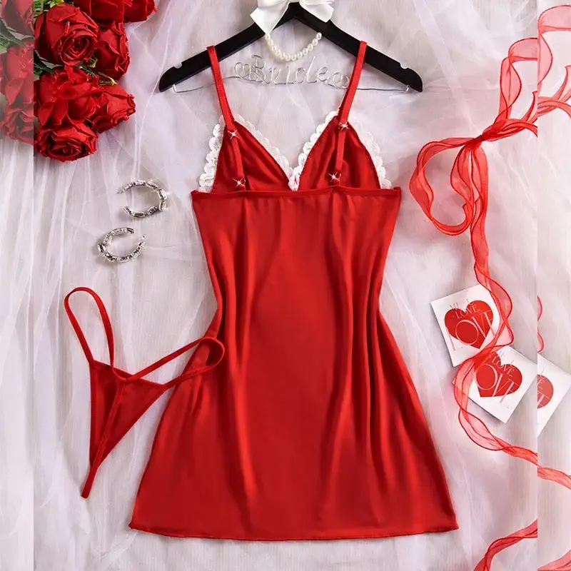 Night Sets Adult Micro Dress V Neck Babydoll Women's Pajamas Sexy Costume Lace Nightgowns Sexi Sleepdress Underwear Thongs Suit