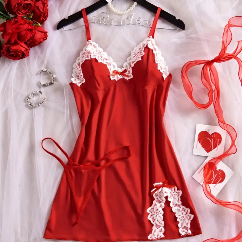 Night Sets Adult Micro Dress V Neck Babydoll Women's Pajamas Sexy Costume Lace Nightgowns Sexi Sleepdress Underwear Thongs Suit