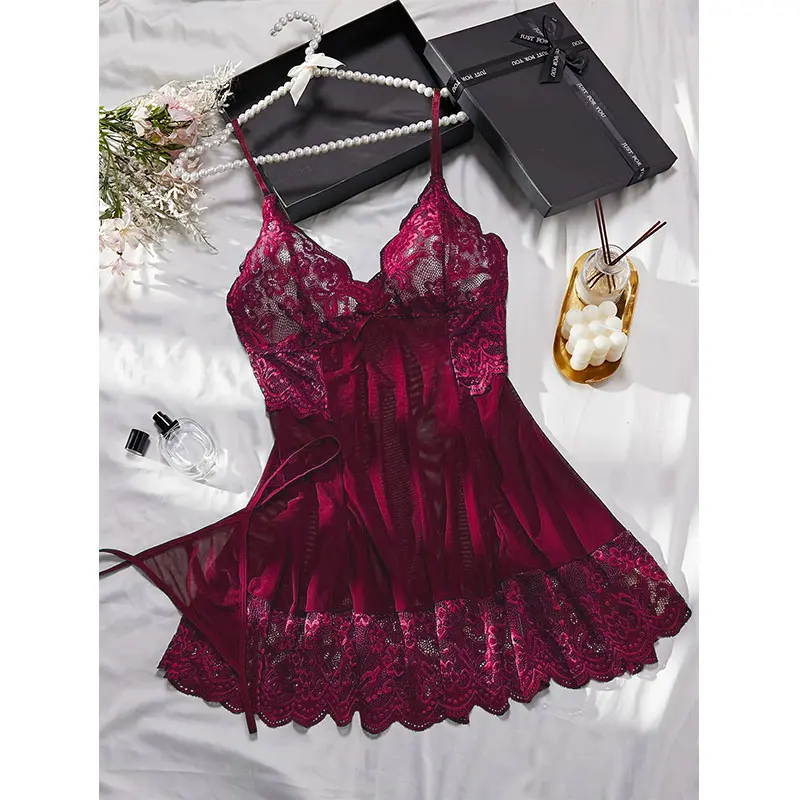 New Summer Halter Nightgown Transparent Red Lingerie Female Sexy Pajamas Tulle Comfortable Night Dress Women Pajama G-string Set
