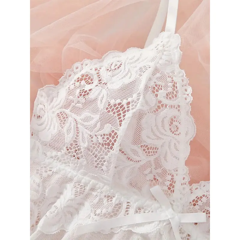 Ice Silk Thin Halter Sexy Pajamas Lace Nightdress And Thong Sets Plus Size Nightwear Women Underwear Sleepwear Transparent Dress
