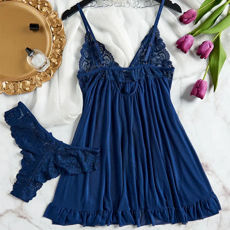 Deep V Lace Push Up Erotic Lingerie Pajamas Set Summer Thinly Woman Nightgown Hot Night Dress Sexy Bra Plus Size Sleepwear Thong