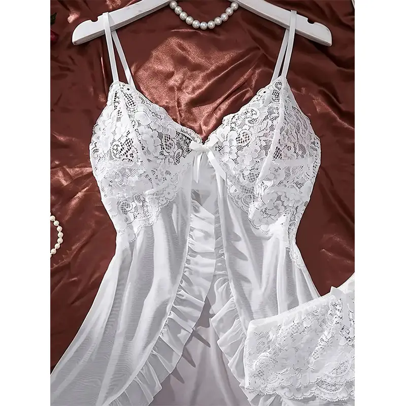 Transparent White Tulle Nightgown Halter Homewear Woman Pajama Set With Panties Plus Size Curve Dress Hot Adult Lingerie Pajamas
