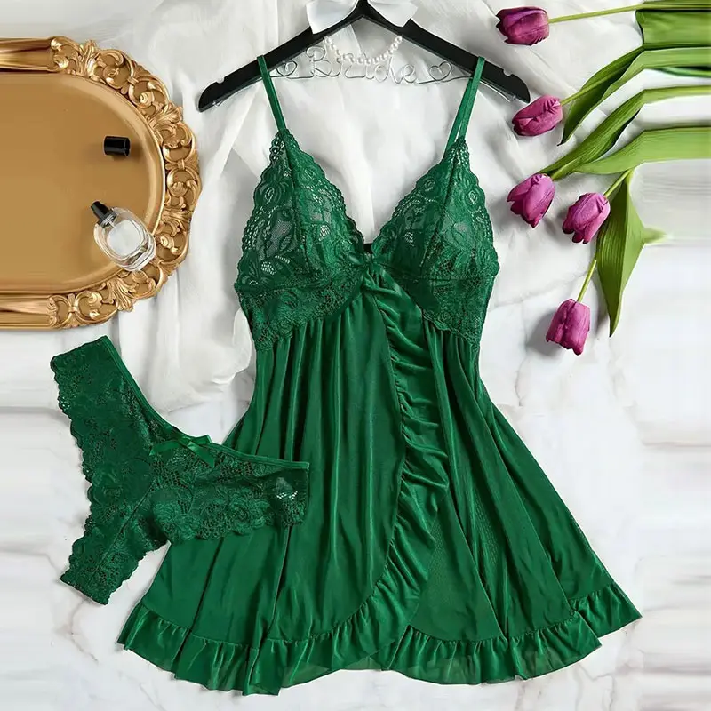 Deep V Lace Push Up Erotic Lingerie Pajamas Set Summer Thinly Woman Nightgown Hot Night Dress Sexy Bra Plus Size Sleepwear Thong