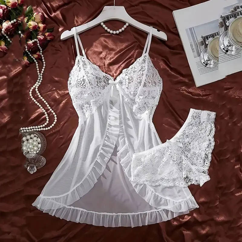 Soft Sheer Nighty Pajamas Hotselling Nightgowns Dark Green Halter Dress Women Sleepwear Sexy Bra Plus Size Nightdress Thong Sets