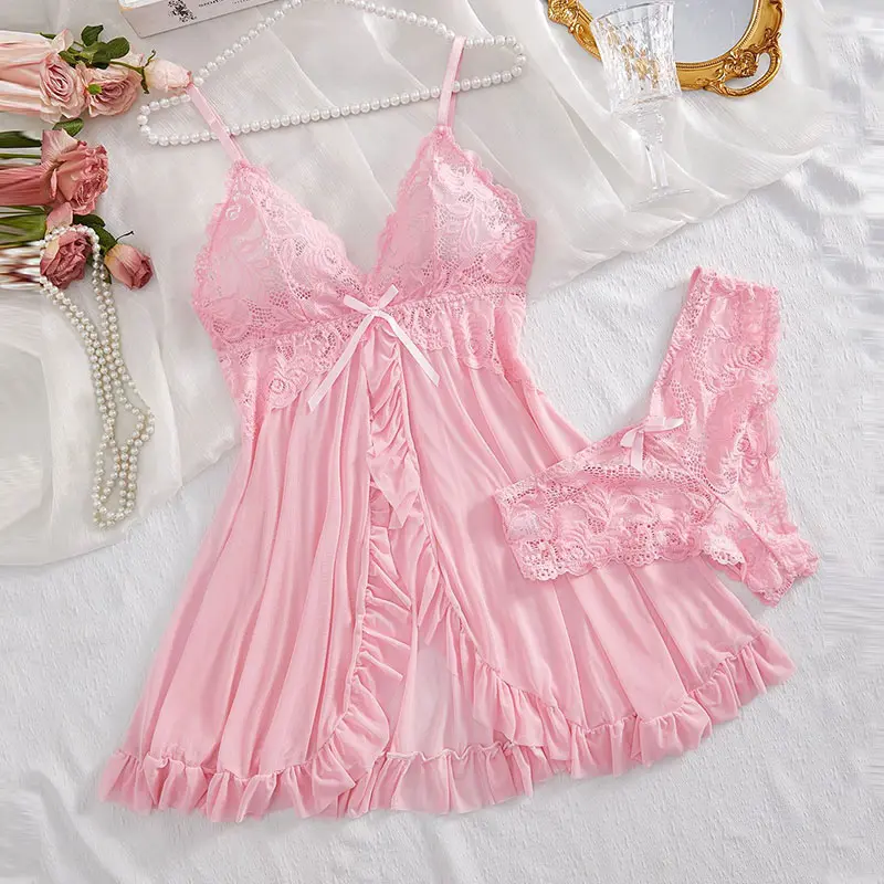 Soft Sheer Nighty Pajamas Hotselling Nightgowns Dark Green Halter Dress Women Sleepwear Sexy Bra Plus Size Nightdress Thong Sets
