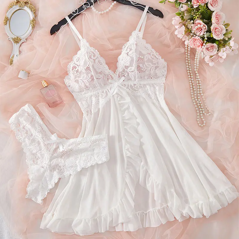A Set Of Woman Underwear Nightgown Thong Sets Plus Size Suspender Lace Lingerie Sexy Accessories Erotic Bra Nightdress lencería