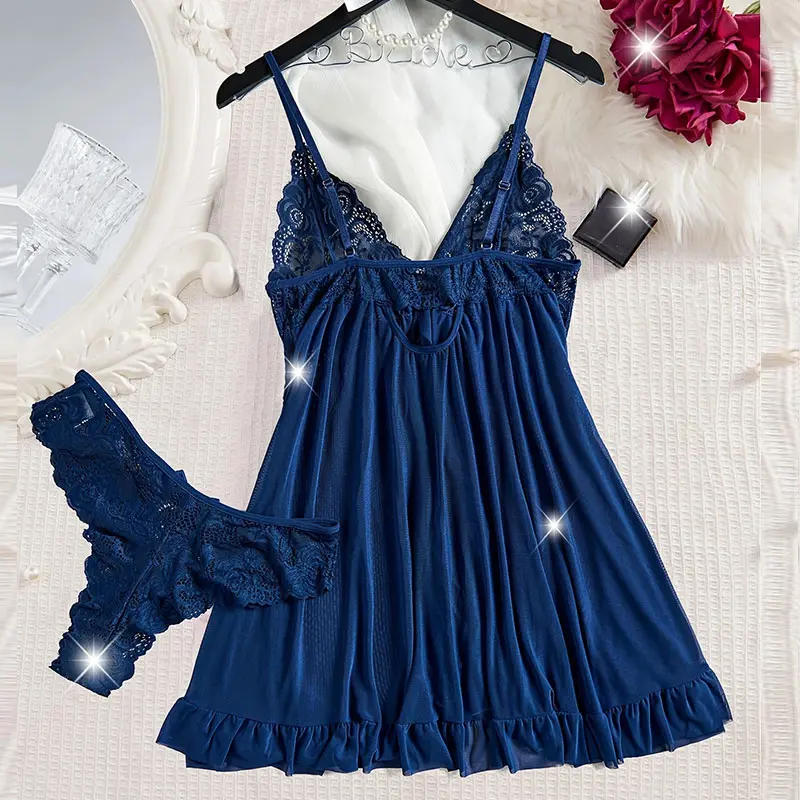 A Set Of Halter Nightgowns Summer Night Dress Hot Sales Thong/Pajama Sets V-Neck Sleeveless Sleeping Clothes Pure Lace Bedgown