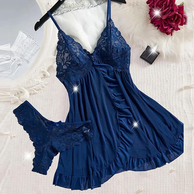 A Set Of Halter Nightgowns Summer Night Dress Hot Sales Thong/Pajama Sets V-Neck Sleeveless Sleeping Clothes Pure Lace Bedgown