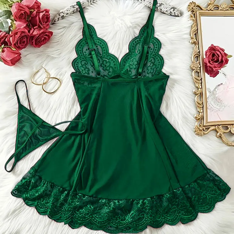 G-string Nightgown Set For Sexy Woman Summer Night Dress Ultra-thin See-through Pajama Sets Lace Sleepwear Suspender Lingerie
