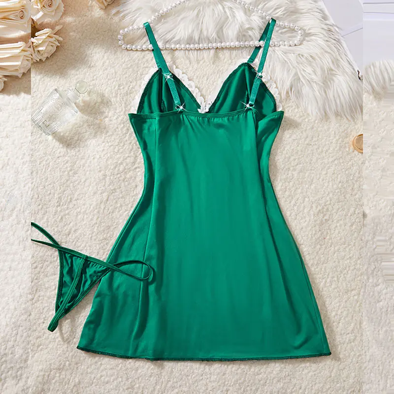 One Set Of Sexy Woman Lingerie Green V-neck Bra Split Nightgown Free Thong Sets Hot Ultra Short Night Dress Beautiful Underwear