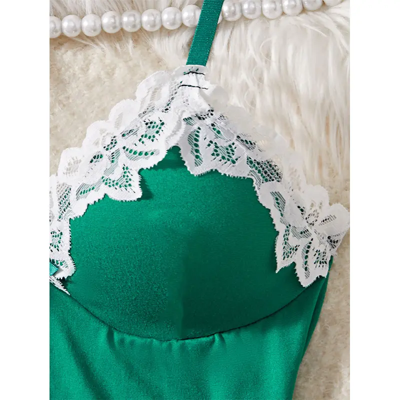 One Set Of Sexy Woman Lingerie Green V-neck Bra Split Nightgown Free Thong Sets Hot Ultra Short Night Dress Beautiful Underwear