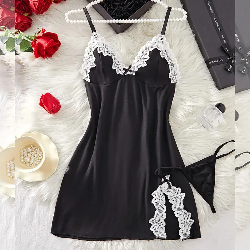 One Set Of Sexy Woman Lingerie Green V-neck Bra Split Nightgown Free Thong Sets Hot Ultra Short Night Dress Beautiful Underwear