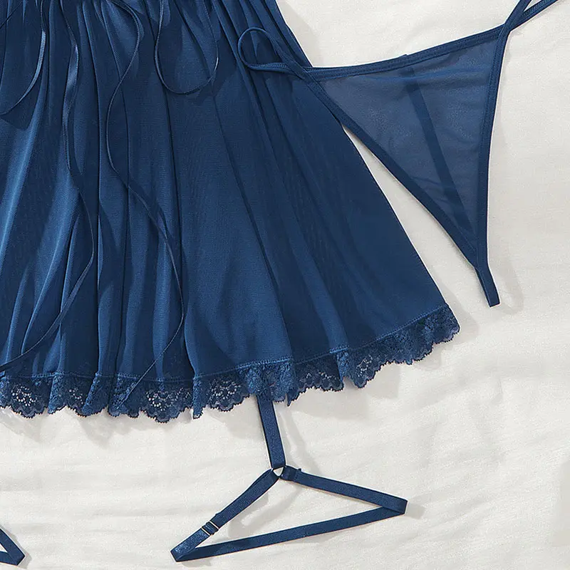 A Full Set Of Blue Plus Size Transparent Lingerie Suits Lace Bra Garter Belt Thong Sets Hot Women's Erotic Underwear Night Dress