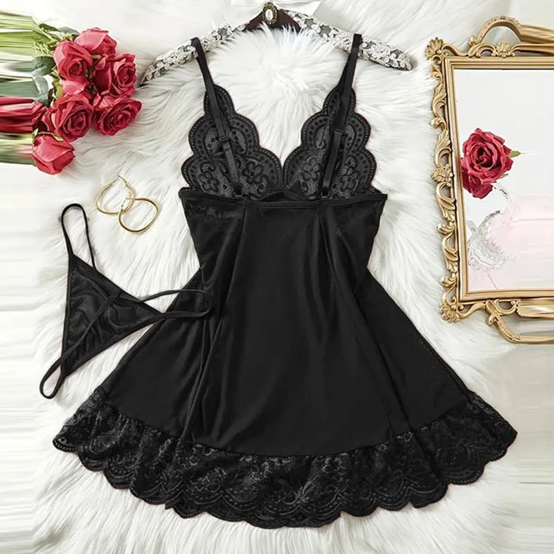 Women Underwear Set Delicate Fancy Bras And Thong Sets V-neck Hot Semi-see-through Lingerie Pajamas Soft Nightgowns Night Dress