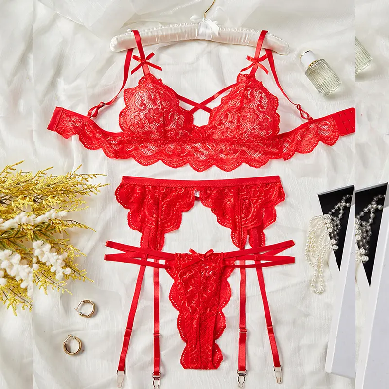 Erotic Sexy Lace Lingerie Set Delicate Bra Panties Sets Teddy Underwear Summer See-Through Bras Garter Thong Sensual Body Suit