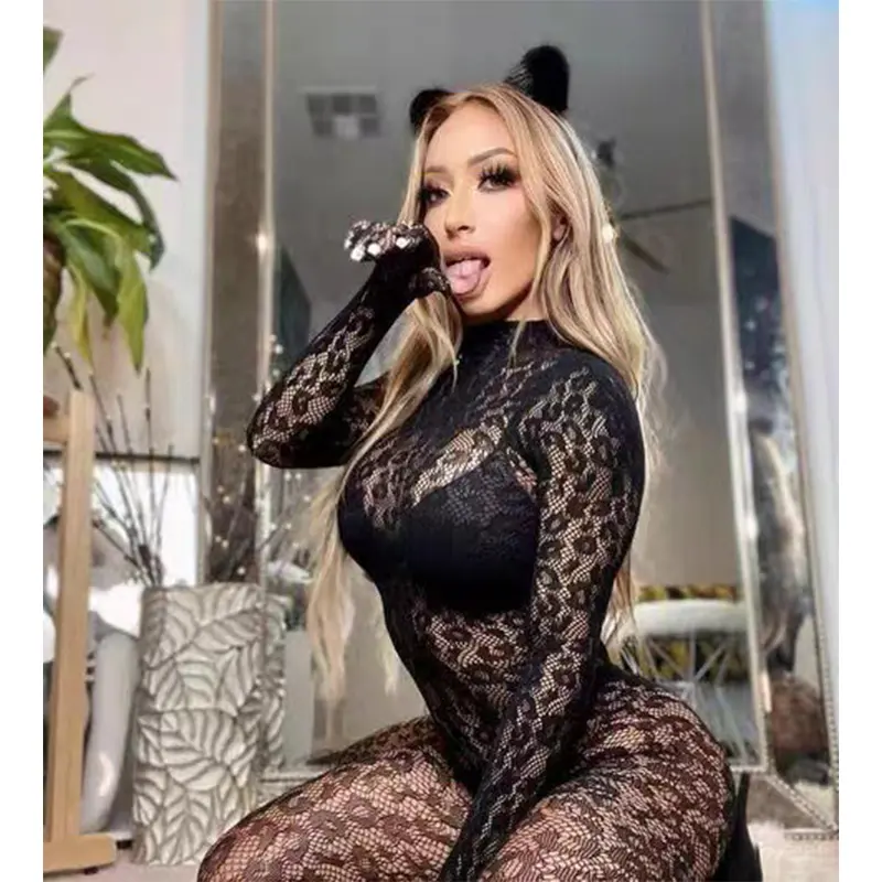Sexy Body Stockings For Role Play Leopard Print Hot Women's One Piece Bodysuit Mesh Thigh Night Clubs Sex Set Pornographic Girl
