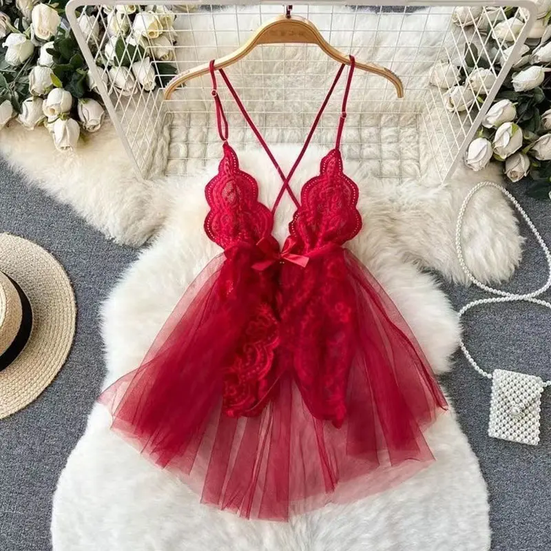 See-through Mesh Slim Low-cut lingerie Sexy Mini Dress Hot Lingerie Set Adult Crotchless Erotic Bodysuit G-string Lencería Set