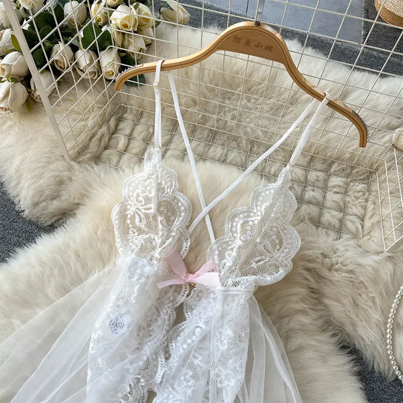 See-through Mesh Slim Low-cut lingerie Sexy Mini Dress Hot Lingerie Set Adult Crotchless Erotic Bodysuit G-string Lencería Set