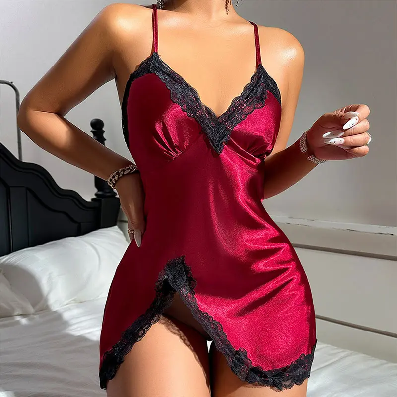 Simulation Silk Pajamas Sexy Halter Nightgown V-neck Bra Summer Comfortable Spaghetti Straps Pajama Backless Woman Night Dress