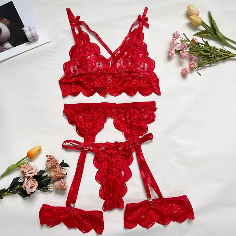 Light And Thin Women's Summer Intimate Apparel Lace Breathable Bra Thong Leg Ring Female Lingerie Garter Underwear 4pcs Sex Doll