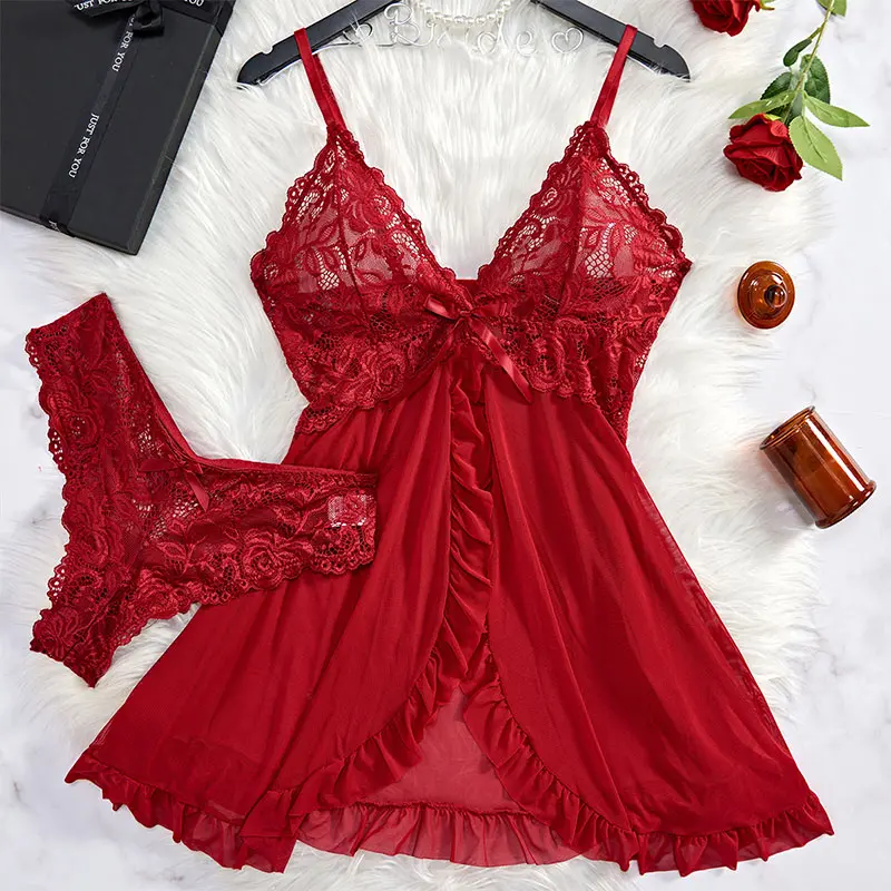 Hot Sales Thong Nightgown Set Women Transparent Suspender Sleepwear Lace Pants Nightdress Sexy Dress Exquisite Female Underwear
