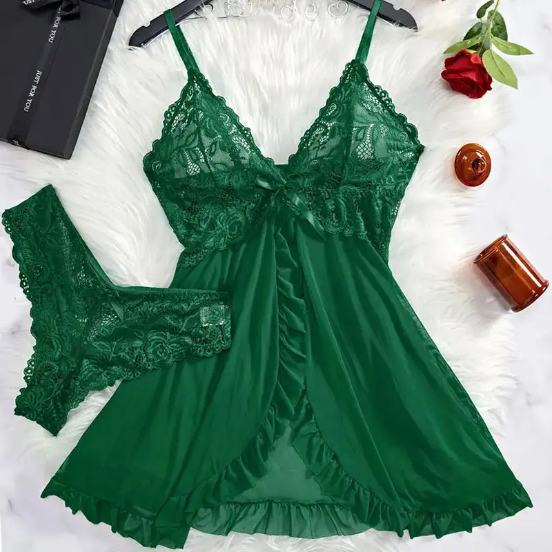 Hot Sales Thong Nightgown Set Women Transparent Suspender Sleepwear Lace Pants Nightdress Sexy Dress Exquisite Female Underwear