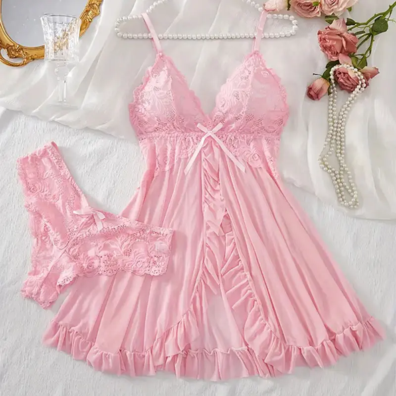 Hot Sales Thong Nightgown Set Women Transparent Suspender Sleepwear Lace Pants Nightdress Sexy Dress Exquisite Female Underwear