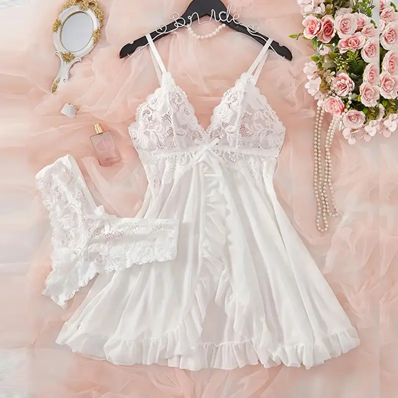 Hot Sales Thong Nightgown Set Women Transparent Suspender Sleepwear Lace Pants Nightdress Sexy Dress Exquisite Female Underwear