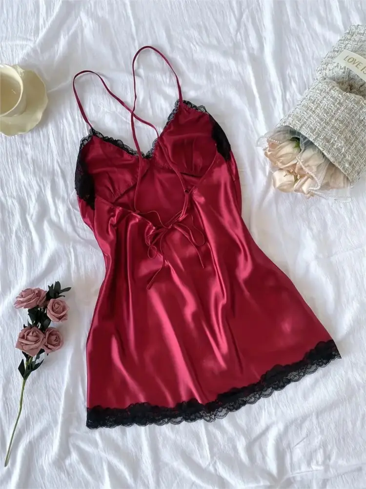 1 Piece Elegant Lace Embroidery Exquisite Homewear Summer Sling Nightgown Sexy Split Thin Mini Pajamas Nights Dress Woman Shirt