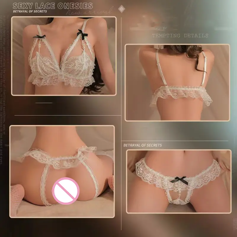 Cute Girl Sexy Lingerie Set 2pc Lace See-through Bra Erotic Thong With Pearl Toy Hot Crotchless Women's Underwear Set For Sex 18