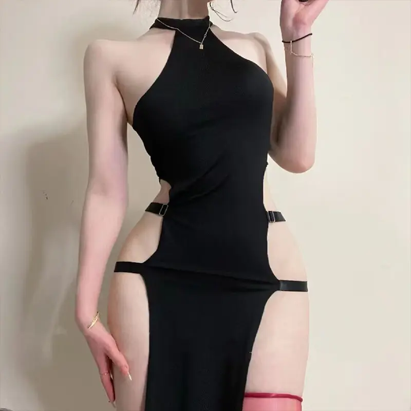 Goth Woman Cosplay Dresses Naughty Nightgowns Black High Stretch Adjustable Underwear Cheongsam Lingerie Erotic Outfit Uniform