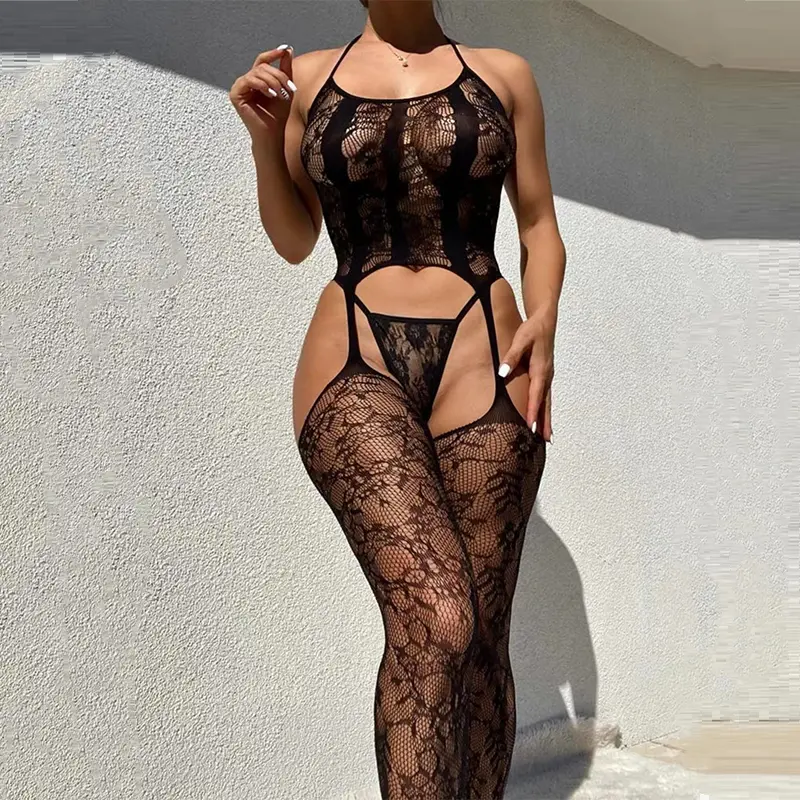 Porn Crotchless Lingerie Women's Hot Tights Fishnet Bra Bodysuit Set Erotic Costume Transparent Underwear Sexy Body Stockings