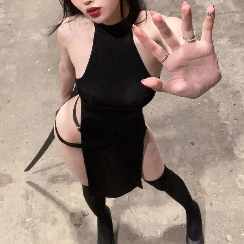 Goth Woman Cosplay Dresses Naughty Nightgowns Black High Stretch Adjustable Underwear Cheongsam Lingerie Erotic Outfit Uniform