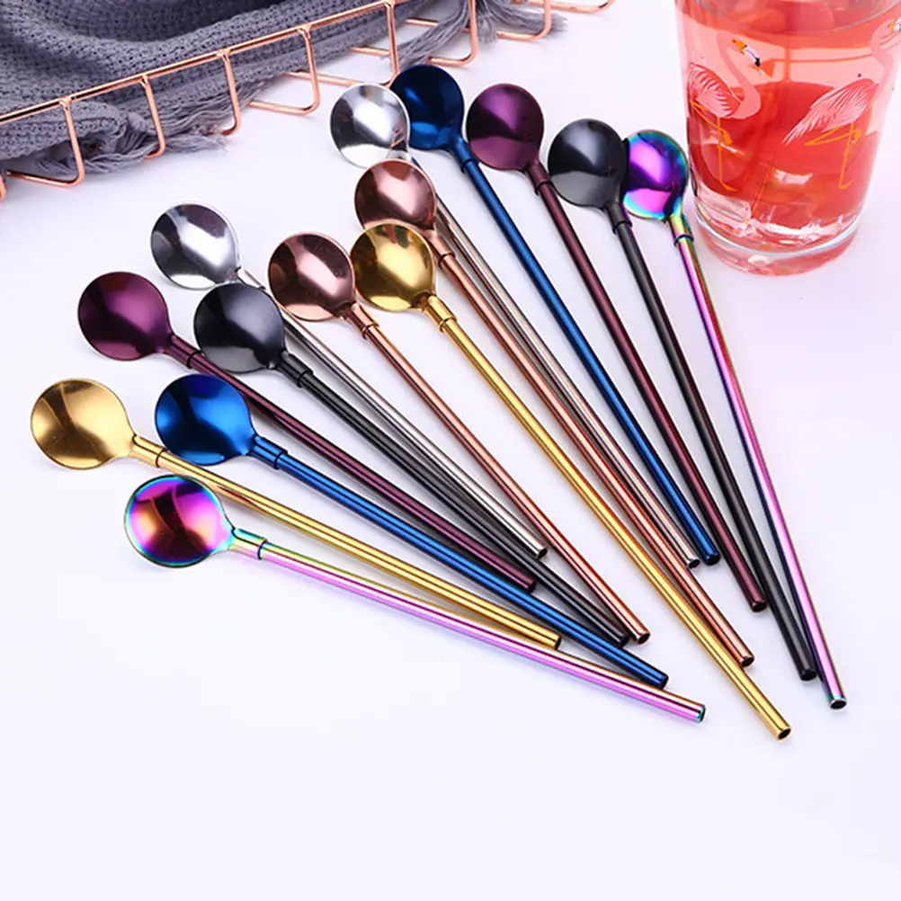 10pcs Stainless Steel Straw Spoon Reusable Metal Drinking Straws Coffee Smoothies Party Picnics Gifts