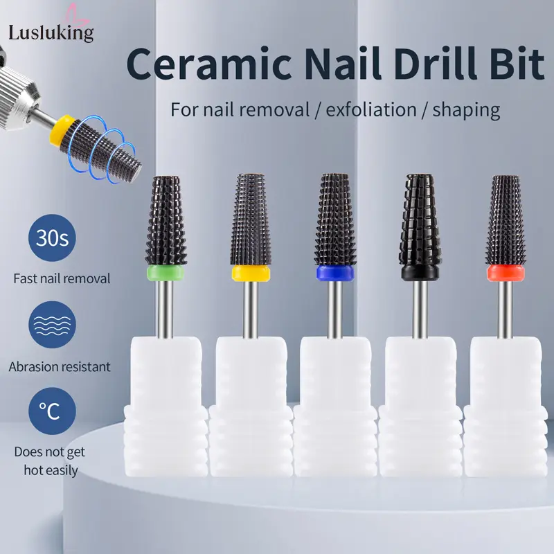 Black 5 in 1 Ceramic Nail Drill Bit for Electric Drill Machine 3/32" Shank Milling Cutter Nail Drill Accessories Bits Remove Gel