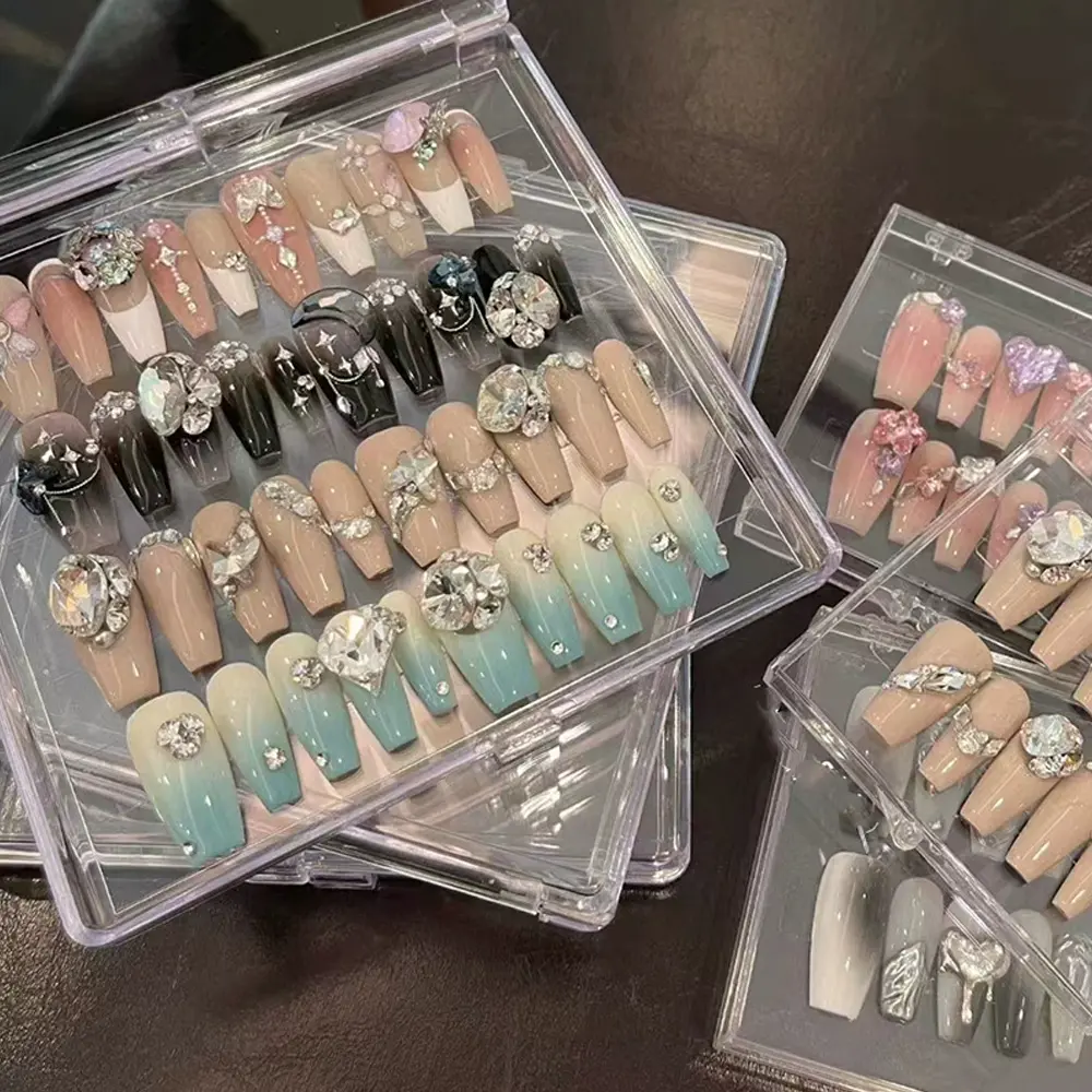 Clear Acrylic Nail Press-On Nail Storage Box with Tape Large Capacity 12*12cm Dustproof Showcase for Personal Nail Tips Display