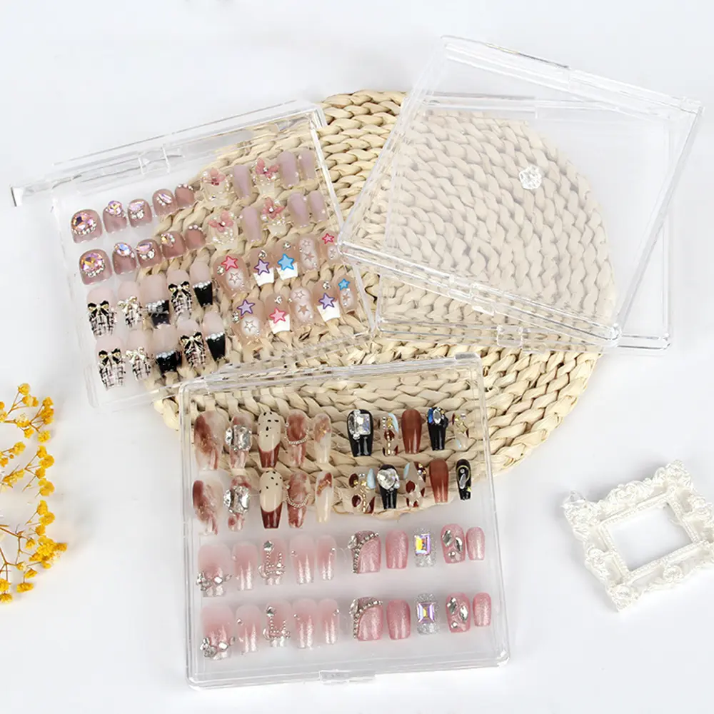 Clear Acrylic Nail Press-On Nail Storage Box with Tape Large Capacity 12*12cm Dustproof Showcase for Personal Nail Tips Display