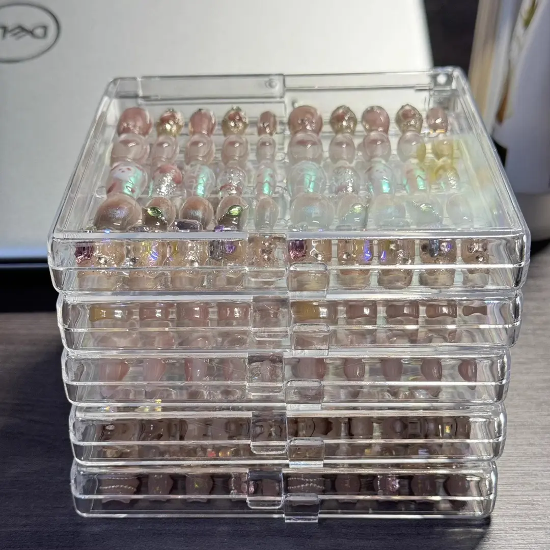 Clear Acrylic Nail Press-On Nail Storage Box with Tape Large Capacity 12*12cm Dustproof Showcase for Personal Nail Tips Display