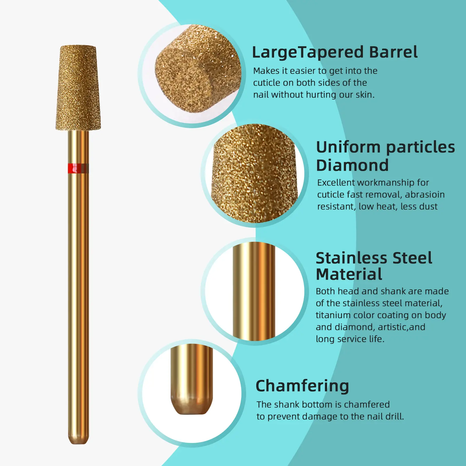 HYTOOS 5mm Large Tapered Barrel Cuticle Clean Nail Drill Bit, Titanium Russian Diamond Nail Bits Nail Cleaner Accessories Tool