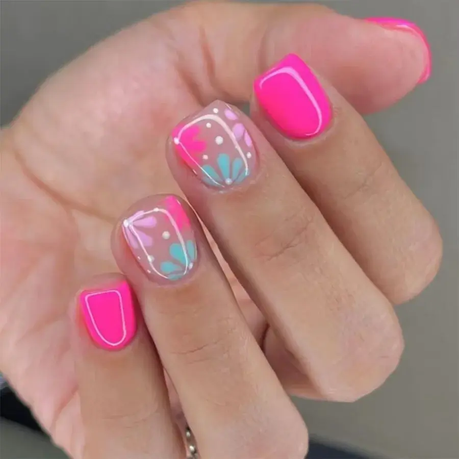 24pcs/box Glossy Short Square Fake Nails Colorful French Tip Press On Nails Flower Pattern Spring Summer False Nails For Women