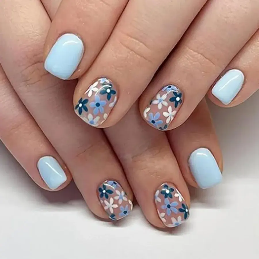 24pcs/box Glossy Short Square Fake Nails Colorful French Tip Press On Nails Flower Pattern Spring Summer False Nails For Women