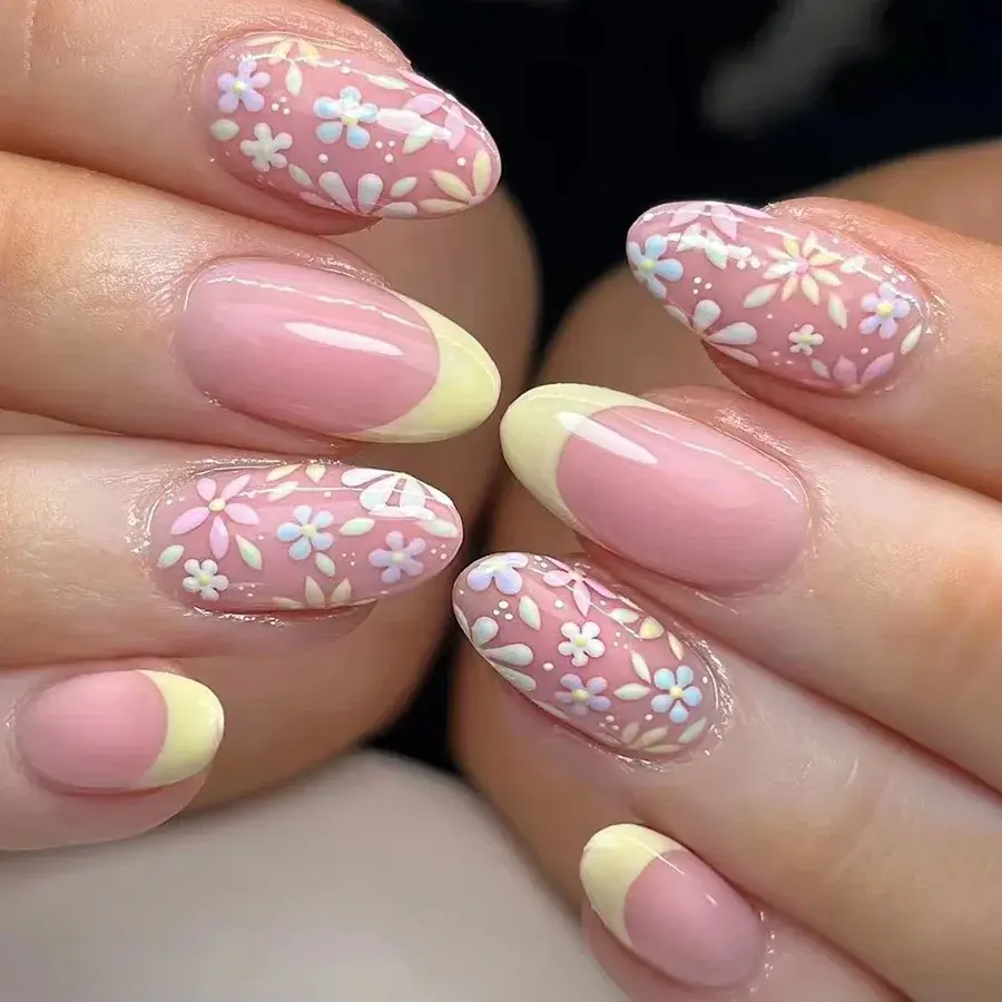 24pcs/box Glossy Short Square Fake Nails Colorful French Tip Press On Nails Flower Pattern Spring Summer False Nails For Women