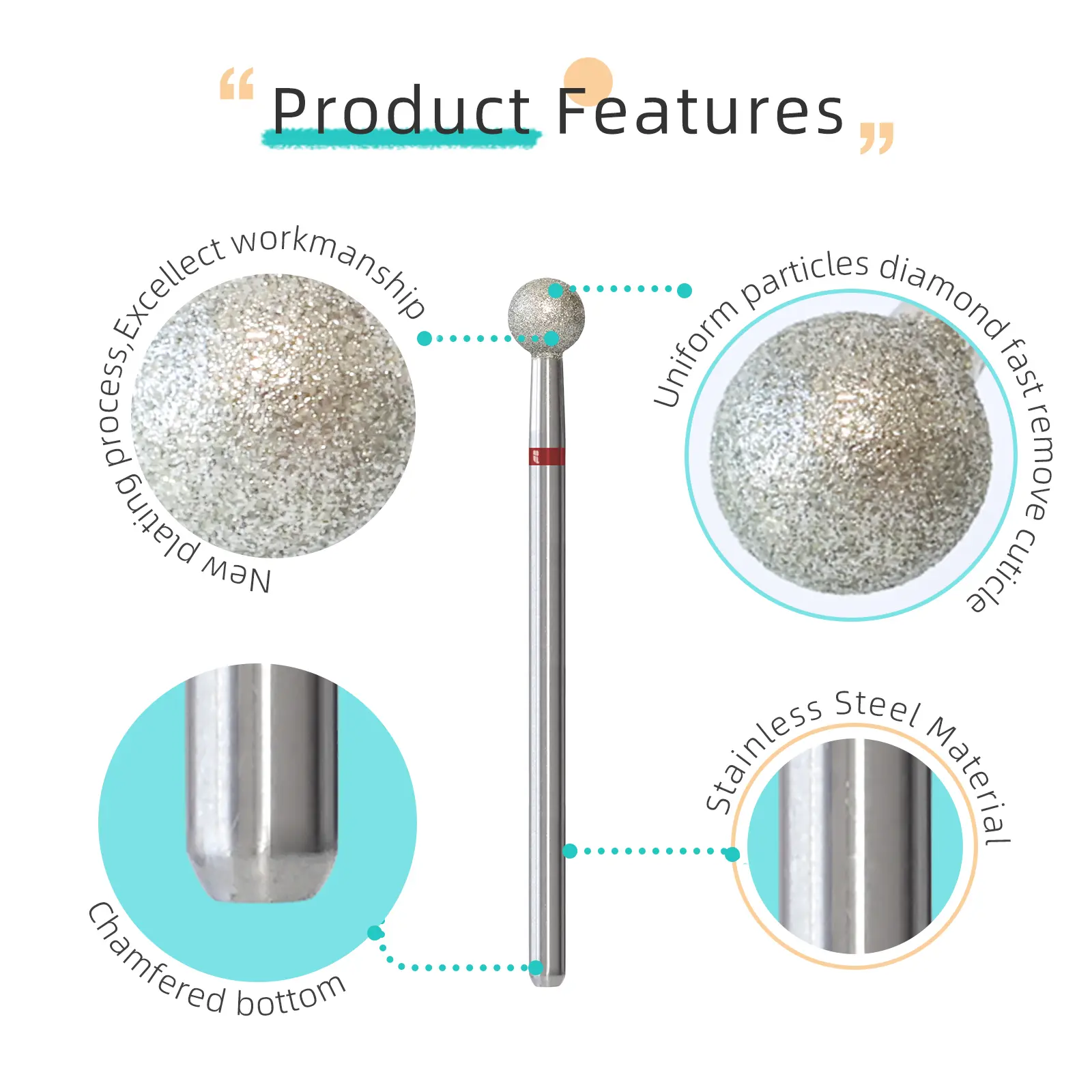 HYTOOS Fine Grit Ball Cuticle Clean Nail Drill Bits Russian Diamond Nail Bit Safety Under Nail Cleaner for Cuticle Dead Skin