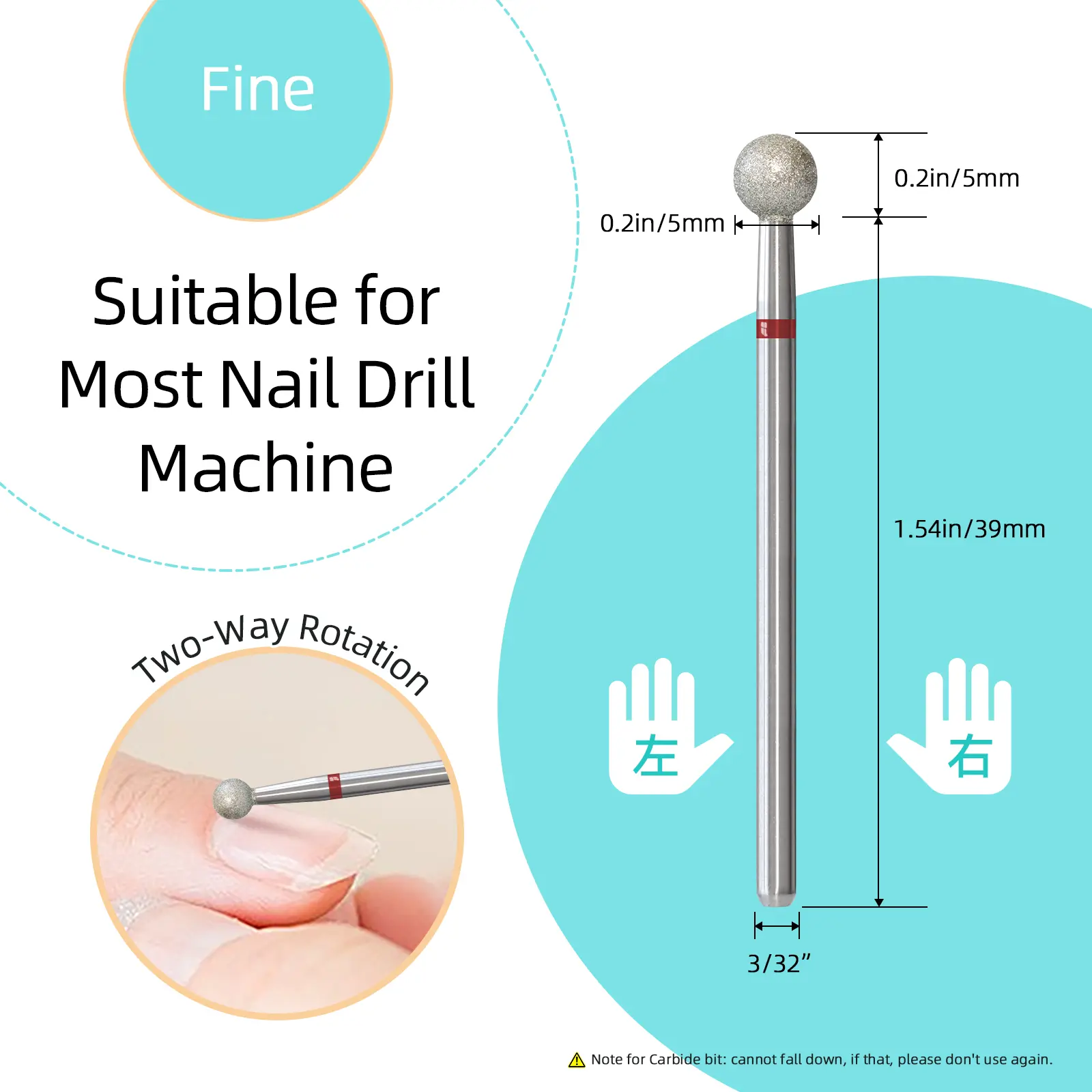 HYTOOS Fine Grit Ball Cuticle Clean Nail Drill Bits Russian Diamond Nail Bit Safety Under Nail Cleaner for Cuticle Dead Skin
