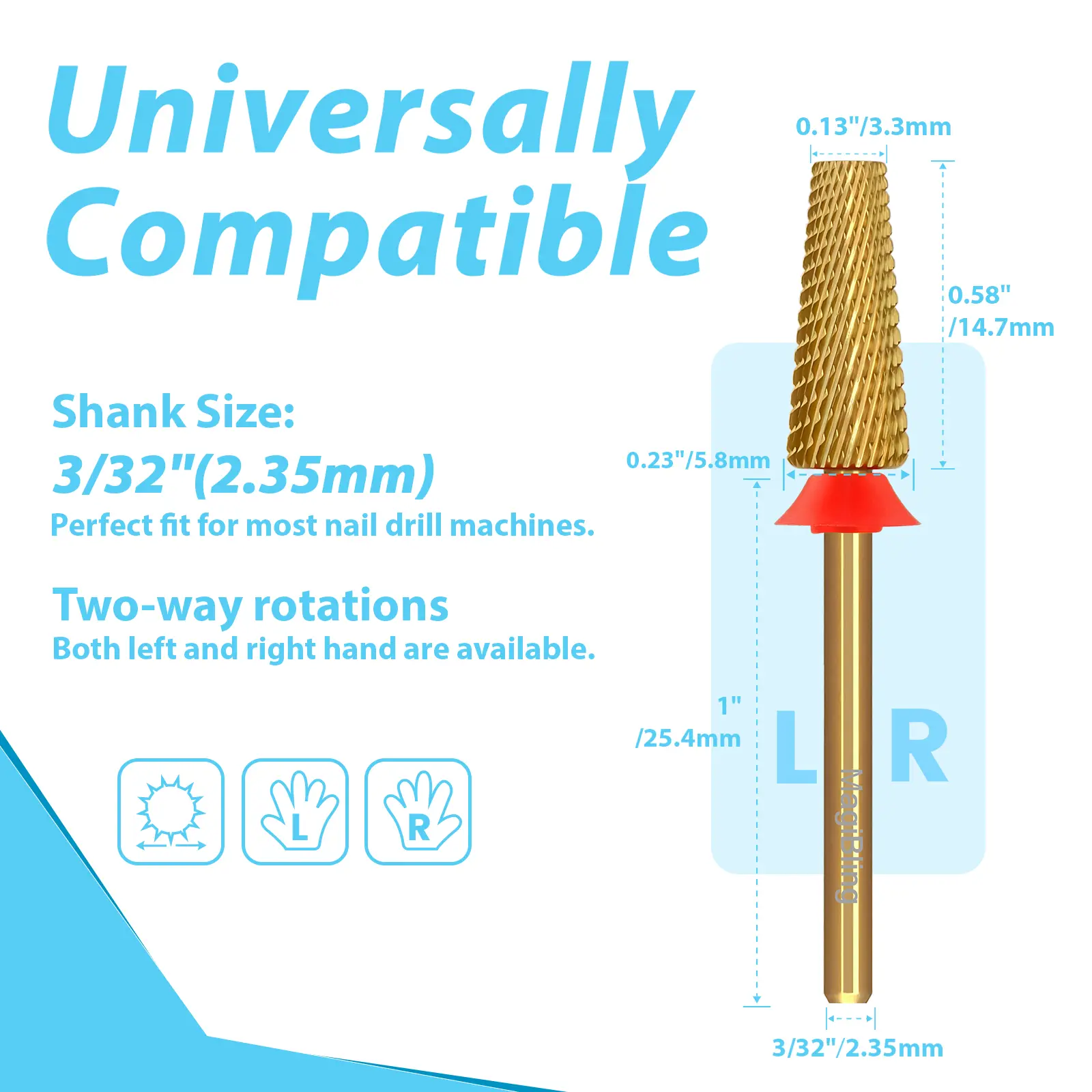 MagiBling Nail Drill Bits Cross Cut Carbide Tapered Barrel Right Left Hand Acrylic Cutter Gel Removal Manicure Tool 3/32''