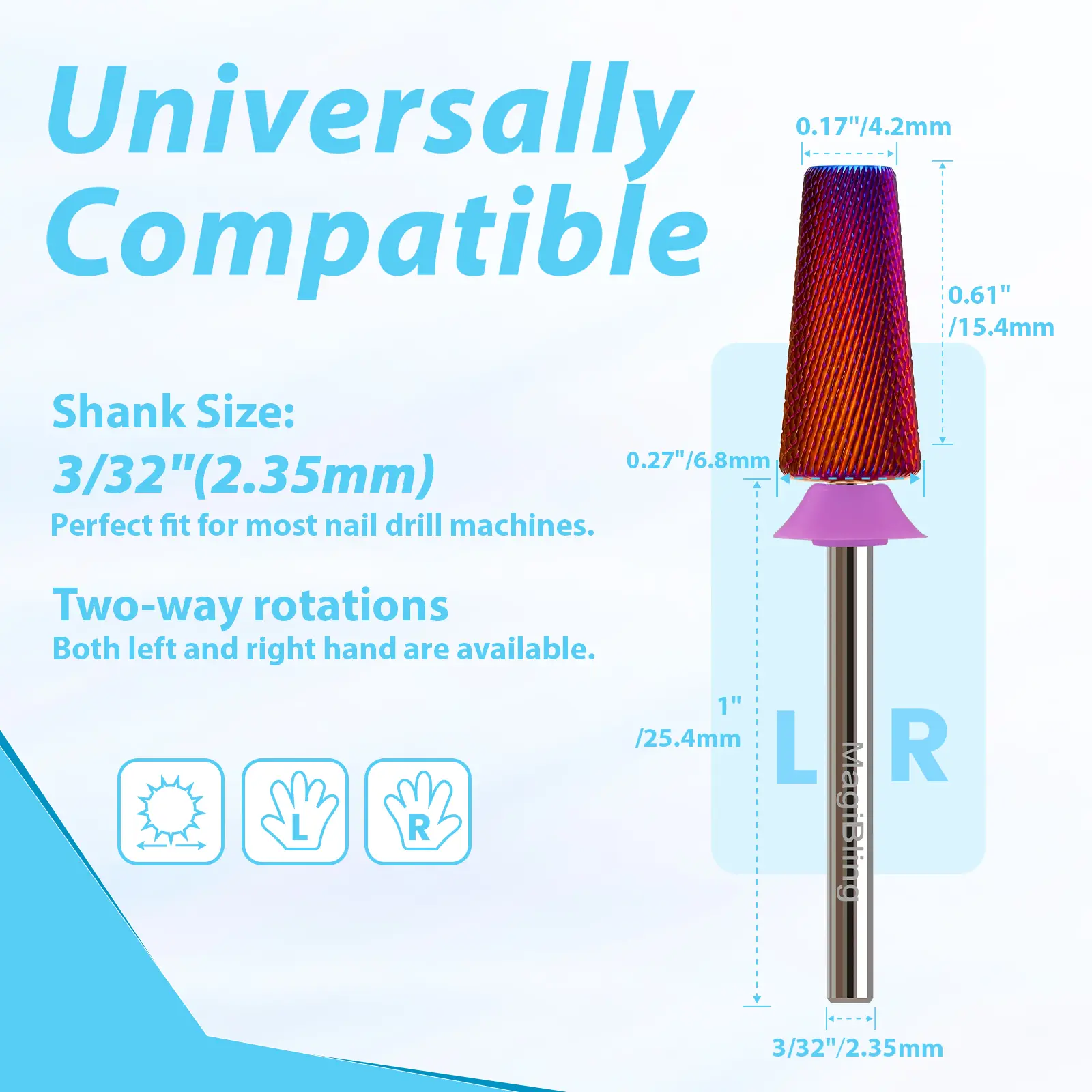 MagiBling Nail Drill Bits Cross Cut Carbide Tapered Barrel Right Left Hand Acrylic Cutter Gel Removal Manicure Tool 3/32''