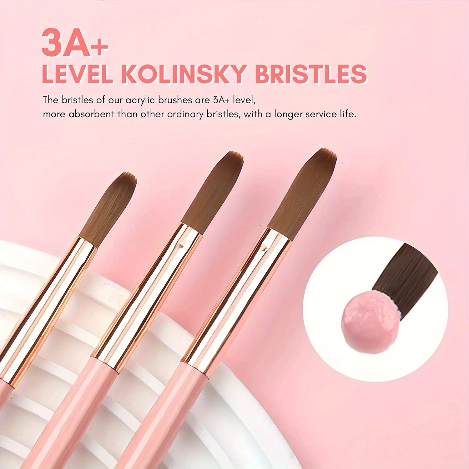 3Pcs/lot Professional Acrylic Powder Acrylic Nail Brush Set 20/20/23mm Pink Handle Nail Brushes Extension & Carving Nail Brush